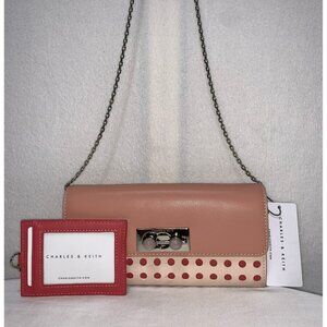 NEW Charles & Keith Stone Push-Lock Wallet Bag & Optional Strap Pink